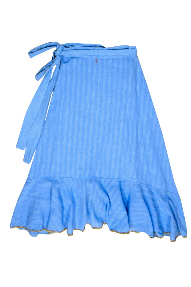 Current Boutique-MISA Los Angeles - Sky Blue Ruffled Wrap Skirt w/ Golden Trim Sz S
