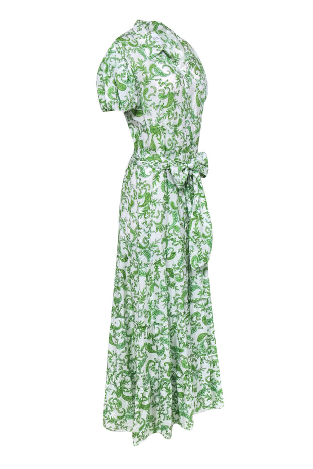 Current Boutique-MISA Los Angeles - White & Green Paisley Print Puff Sleeve Maxi Dress Sz L