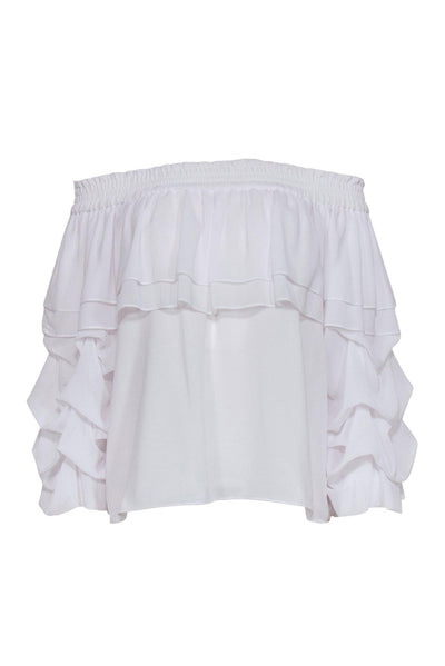 Current Boutique-MISA Los Angeles - White Ruffle Off-the-Shoulder Puff Sleeve Blouse Sz M
