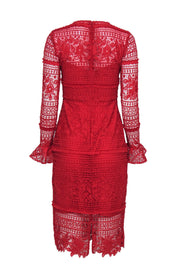 Current Boutique-ML Monique Lhuillier - Red Lace Midi Sheath Dress w/ Ruffled Cuffs Sz 0