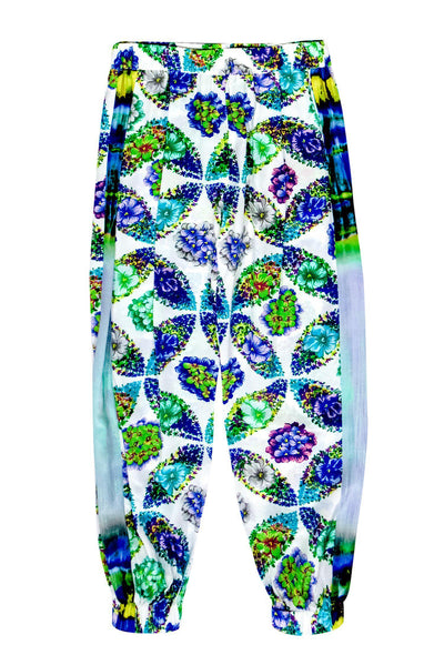 Current Boutique-MSGM - White & Green Floral Print Silk Joggers Sz S