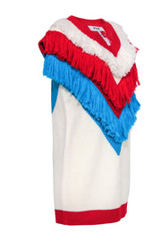 Current Boutique-MSGM - White, Red & Blue Fringe Colorblocked Sleeveless Knit Sweater Dress Sz S