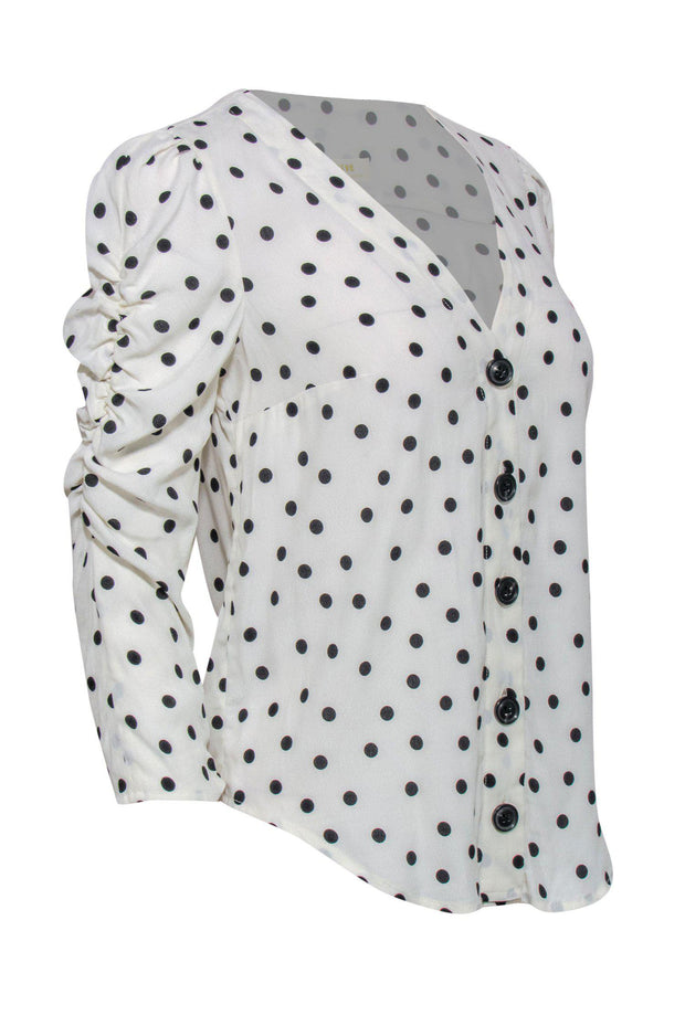 Current Boutique-Maeve - White Polka Dot Button-Up Blouse w/ Ruched Sleeves Sz XS
