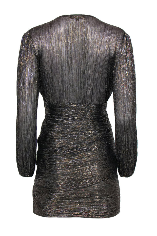 Current Boutique-Maje - Black, Gold & Silver Metallic Draped Long Sleeve Mini Dress Sz 2