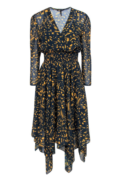 Current Boutique-Maje - Navy & Yellow Spotted Print Long Sleeve Midi Dress Sz L