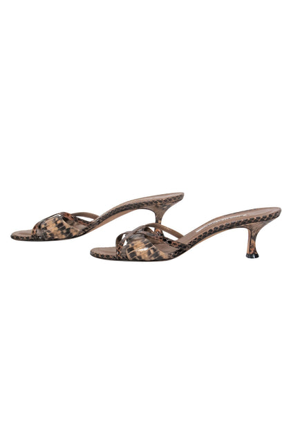 Manolo Blahnik - Brown Snakeskin Strappy Open Toe Kitten Heels