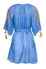 Current Boutique-March 11 - Blue & Yellow Embroidered Belted Linen Shift Dress w/ Tassels Sz M