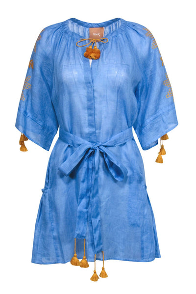 Current Boutique-March 11 - Blue & Yellow Embroidered Belted Linen Shift Dress w/ Tassels Sz M