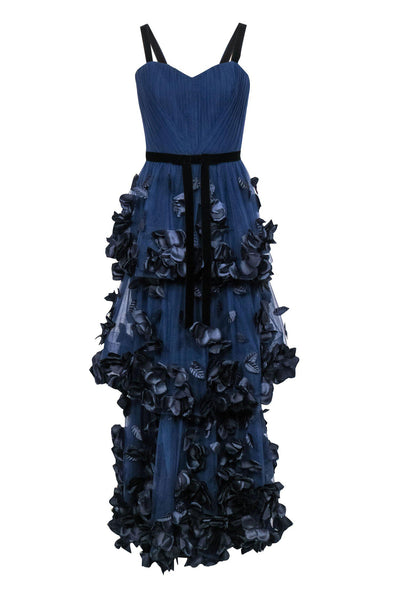 Current Boutique-Marchesa Notte - Navy Tulle Tiered Sleeveless Gown w/ Floral Appliques Sz 4