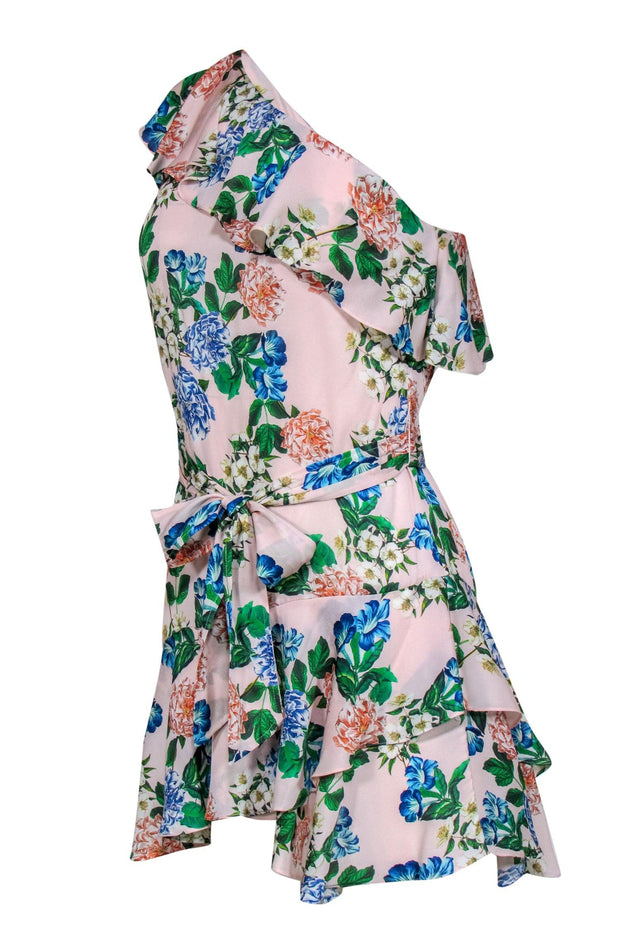 Current Boutique-Marissa Webb - Baby Pink Floral One Shoulder Ruffled Silk Blend Dress Sz XS
