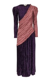 Current Boutique-Mary McFadden - Vintage Purple & Pink Crinkled Asymmetric Long Sleeved Gown Sz 8