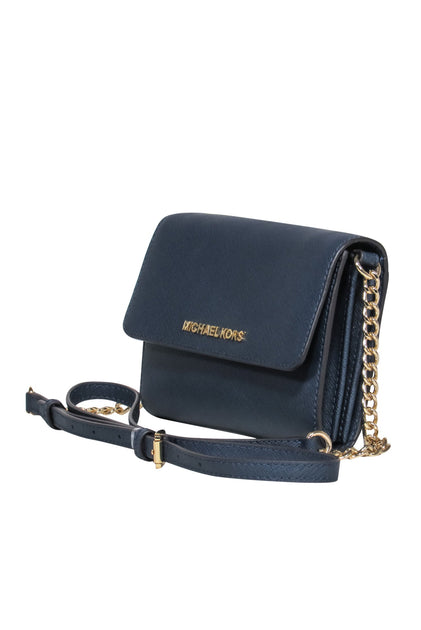 Michael Kors - Small Navy Textured Leather Fold-Over Gold Chain Wallet –  Current Boutique