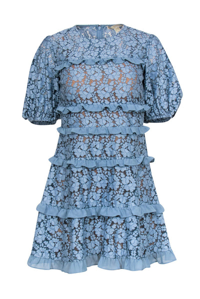 Current Boutique-Michael Michael Kors - Baby Blue Floral Lace Ruffle Puff Sleeve Shift Dress Sz 2