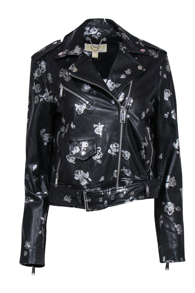 Current Boutique-Michael Michael Kors - Black Leather Moto Jacket w/ Silver Flower Print Sz M