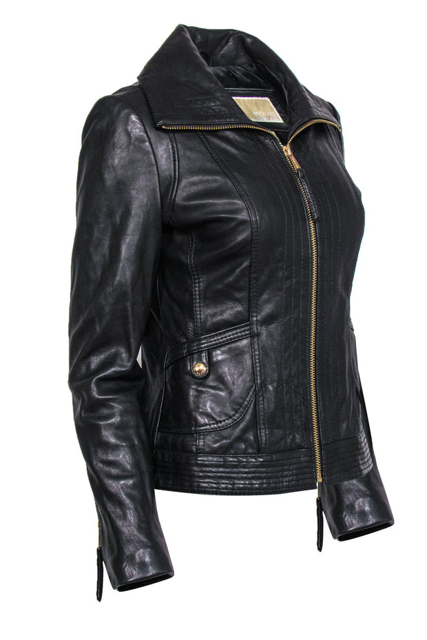 Current Boutique-Michael Michael Kors - Black Leather Zip-Up Jacket Sz S