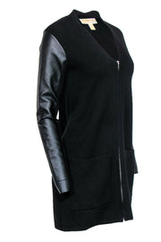 Current Boutique-Michael Michael Kors - Black Longline Zip-Up Knit Cardigan w/ Faux Leather Sleeves Sz P