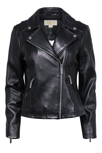 Current Boutique-Michael Michael Kors - Black Smooth Leather Moto Jacket Sz M