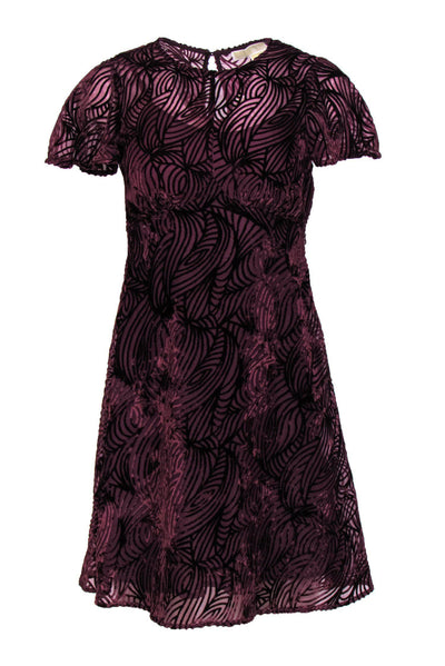 Current Boutique-Michael Michael Kors - Maroon Velvet Textured Short Sleeve Fit & Flare Dress Sz 00