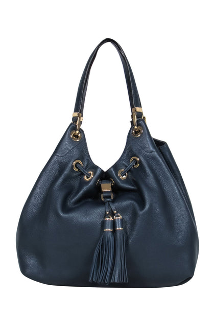 MICHAEL KORS Metallic Gold Canvas/ Leather Trimmed Drawstring Tassels  Bucket Bag