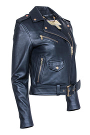 Current Boutique-Michael Michael Kors - Navy Leather Moto-Style Jacket w/ Back Studded Peace Sign Sz S