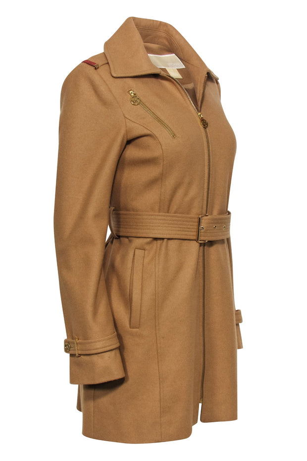 Current Boutique-Michael Michael Kors - Tan Zip-Up Belted Wool Blend Coat Sz 4