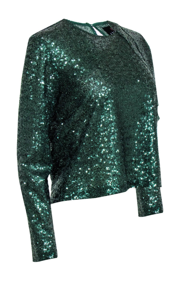 Current Boutique-Miss Anouki - Green Sequin Blouse w/ Open Shoulder & Ruffle Sz S/M