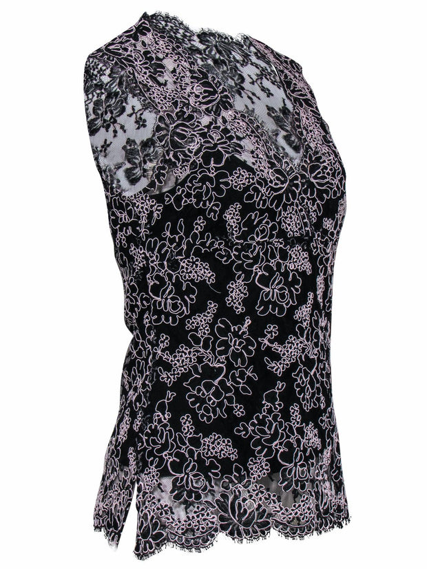 Current Boutique-Monique Lhuillier - Black & Light Pink Floral Lace Sleeveless Blouse Sz L