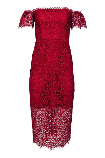 Current Boutique-Monique Lhuillier - Red Lace Off-The-Shoulder Midi Dress w/ Lace Sleeves Sz XS