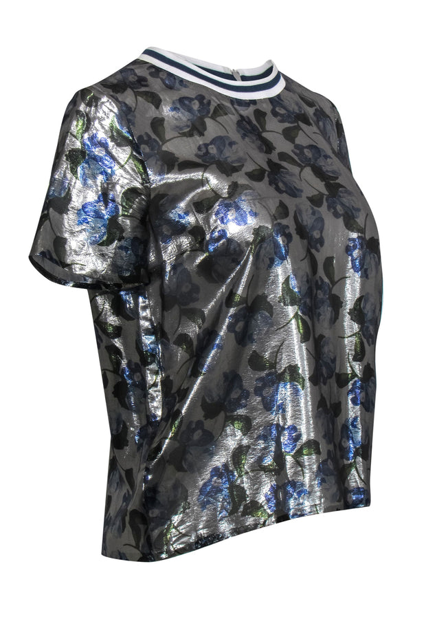 Current Boutique-Mother of Pearl - Metallic Silver & Blue Floral Silk Blouse Sz 4