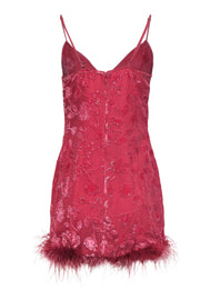 Current Boutique-NBD - Dark Pink Floral Velvet Slip Dress w/ Marabou Feathers & Rhinestones Sz M