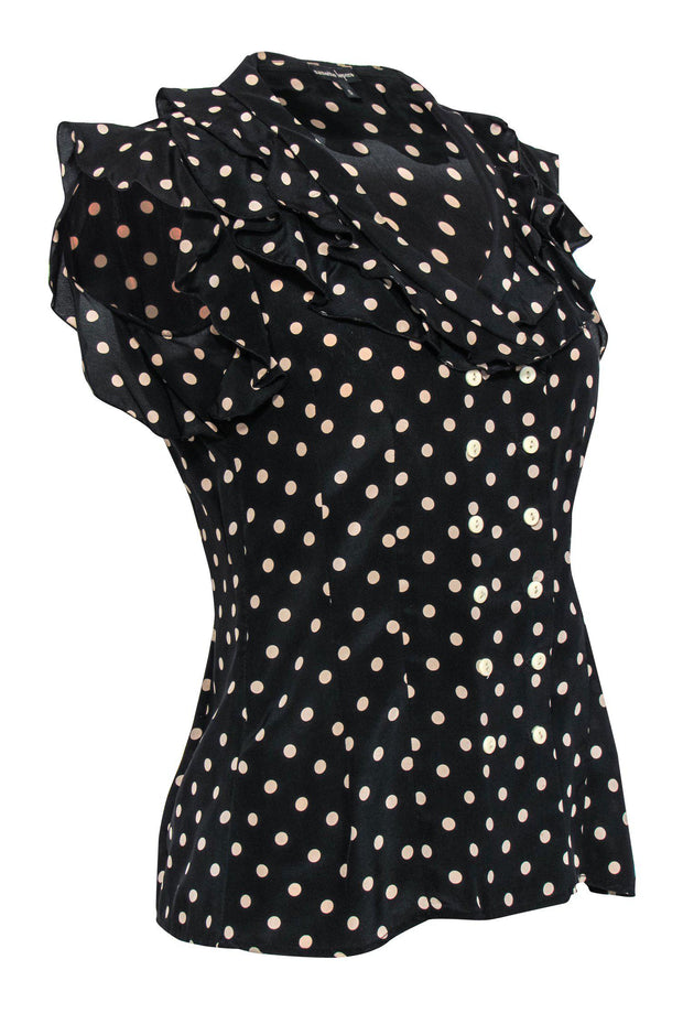 Current Boutique-Nanette Lepore - Black & Beige Ruffled Silk Polka Dot Blouse Sz 0