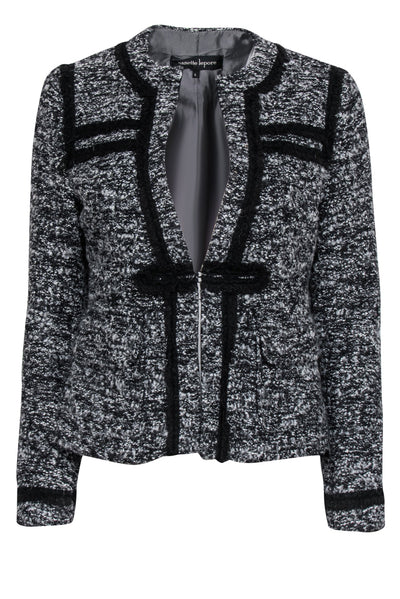 Current Boutique-Nanette Lepore - Black & Grey Boucle Tweed Blazer w/ Black Rope Trim Sz 6