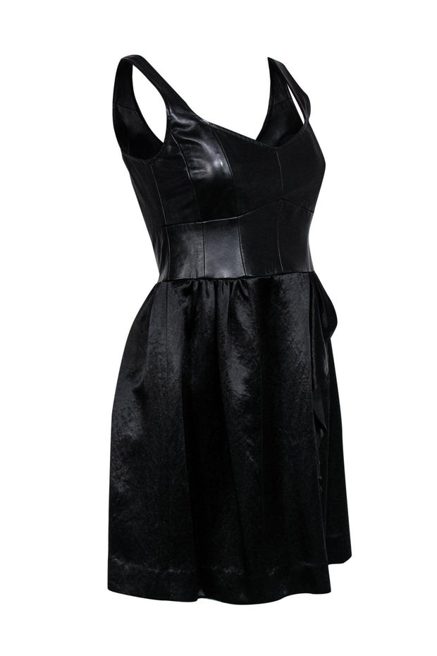 Current Boutique-Nanette Lepore - Black Leather & Satin A-Line Cocktail Dress Sz 6