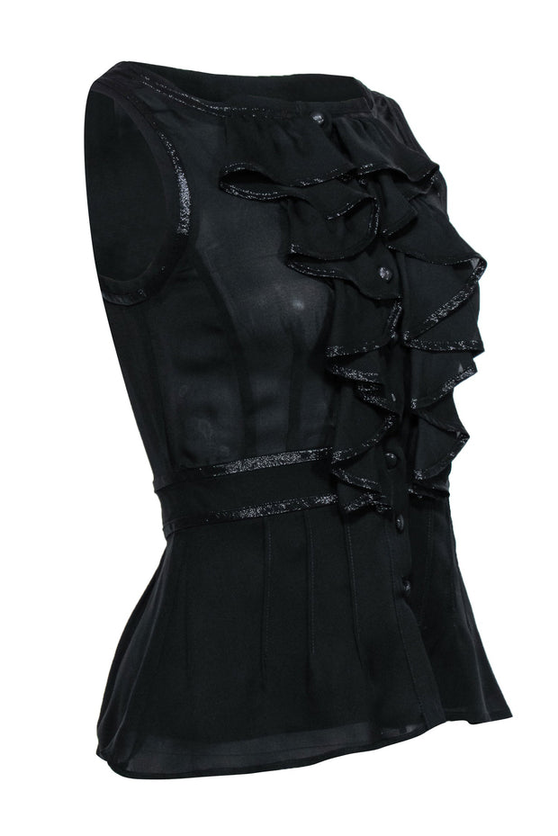 Current Boutique-Nanette Lepore - Black Ruffled Button-Up Silk Blouse w/ Metallic Trim Sz 0