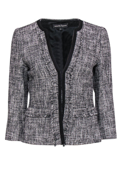 Current Boutique-Nanette Lepore - Black & White Marbled Tweed Fringed Jacket Sz 4