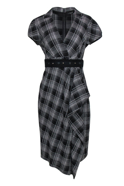 Current Boutique-Nanette Lepore - Gray Plaid Draped "Gloria" Dress w/ Studded Belt Sz 12