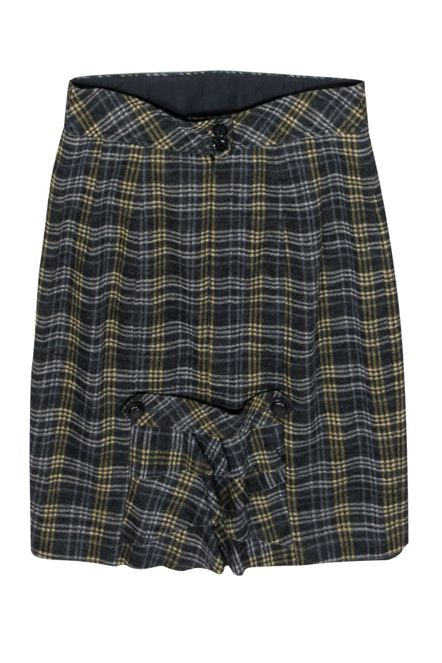 Current Boutique-Nanette Lepore - Grey, Blue & Yellow Plaid Wool Pencil Skirt Sz 4