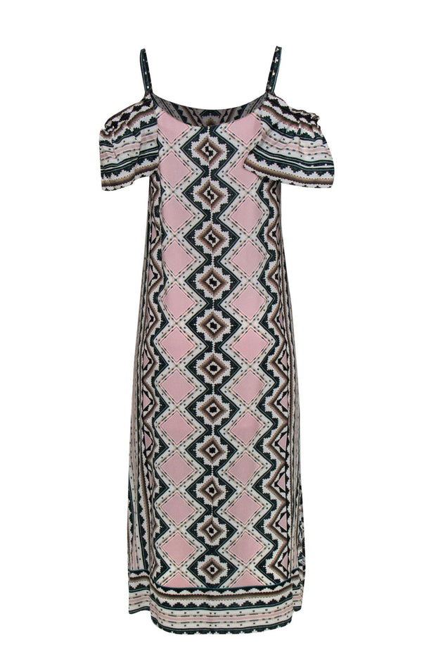 Current Boutique-Nanette Lepore - Pink, White & Teal Aztec Print Cold Shoulder Silk Maxi Dress Sz 2