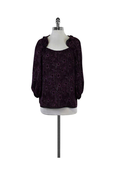 Current Boutique-Nanette Lepore - Purple & Black Peacock Print Blouse Sz 0