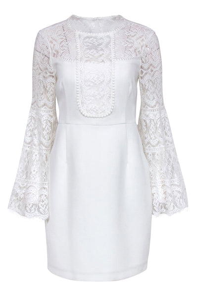 Current Boutique-Nanette Lepore - White Lace Paneled Bell Sleeve "Dancer" Sheath Dress Sz 8