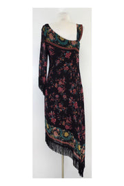 Current Boutique-Nicole Miller - Floral & Fringe Silk One Shoulder Dress Sz 4