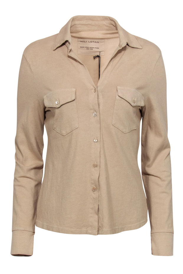 Current Boutique-Nili Lotan - Tan Button-Up Long Sleeve Cotton "Liam" Top Sz M
