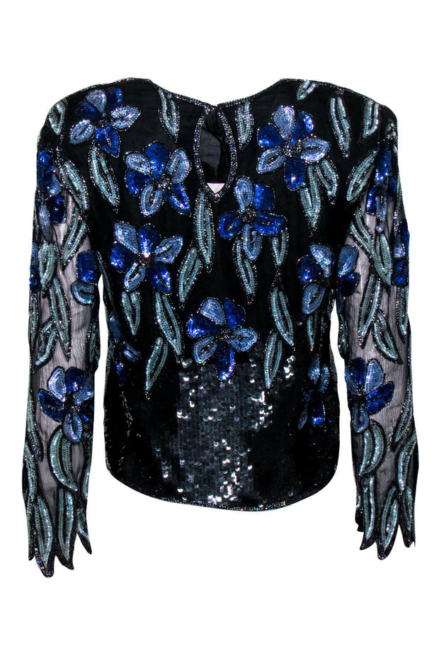 Current Boutique-O.R. Silk - Vintage Black & Blue Floral Sequined Blouse Sz S