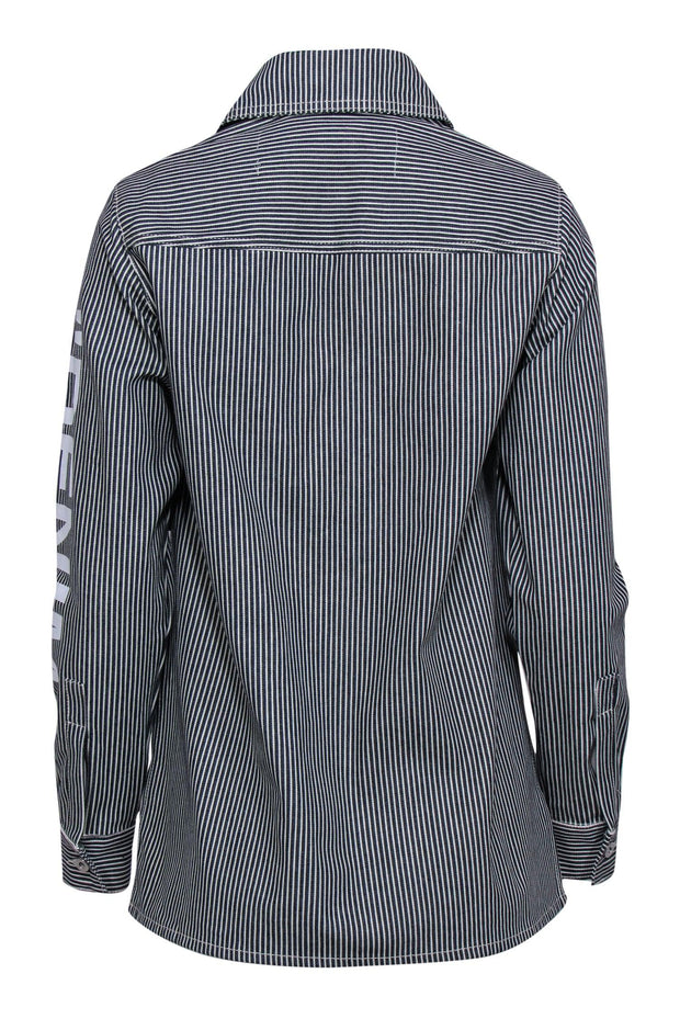 Current Boutique-Off-White - Navy & White Striped High-Low Denim Jacket w/ Sleeve Graphic Sz XXS
