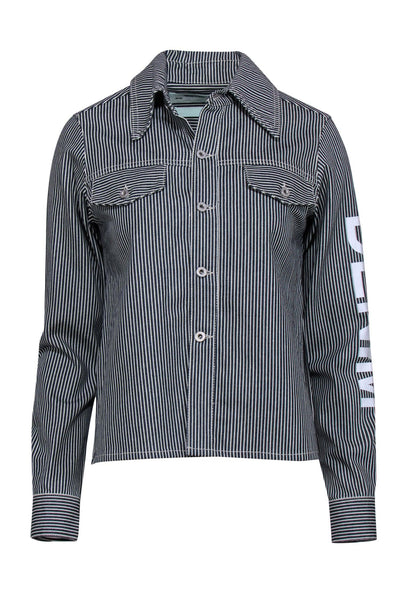 Current Boutique-Off-White - Navy & White Striped High-Low Denim Jacket w/ Sleeve Graphic Sz XXS