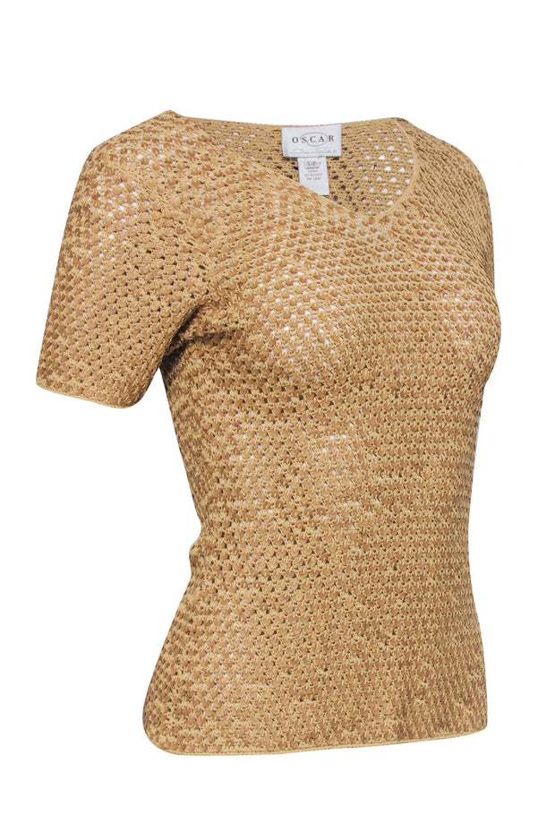 Current Boutique-Oscar De La Renta - Golden Tan w/ Crocheted Wood Grain Sequin Top Sz S