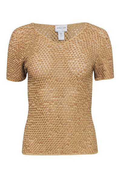 Current Boutique-Oscar De La Renta - Golden Tan w/ Crocheted Wood Grain Sequin Top Sz S
