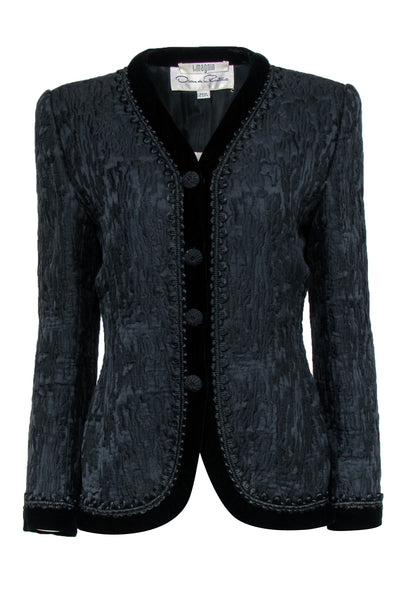 Current Boutique-Oscar de la Renta - Black Jacquard Jacket w/ Fabric Buttons & Velvet Trim Sz 10