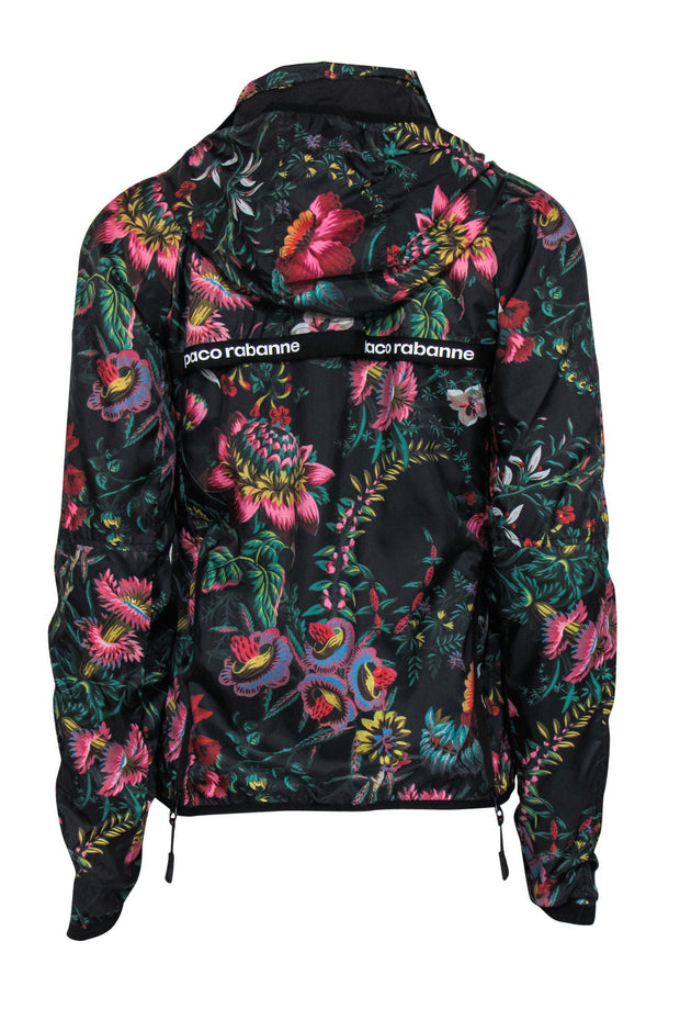 Current Boutique-Paco Rabanne - Black & Multicolored Floral Print Zip-Up Hooded Nylon Windbreaker Sz M