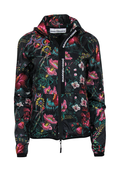Current Boutique-Paco Rabanne - Black & Multicolored Floral Print Zip-Up Hooded Nylon Windbreaker Sz M